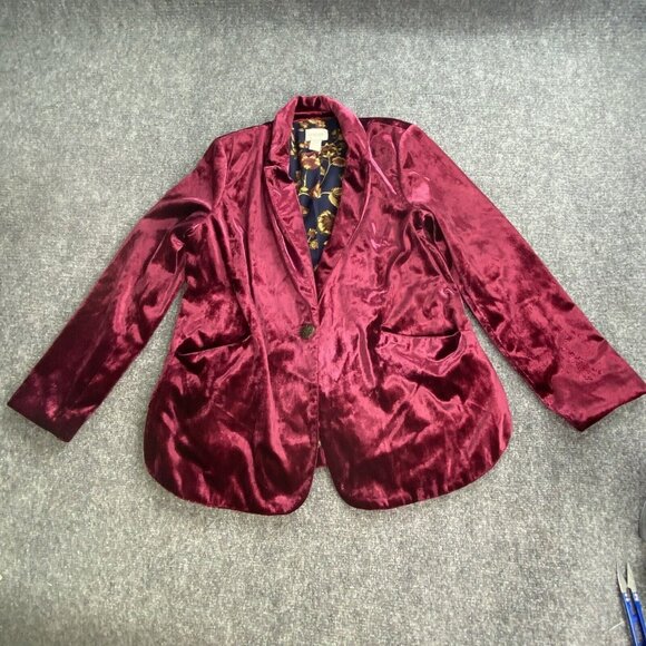 Chicos Blazer Women 1‎ US M/8 Plum Crushed Shiny Velvet Jacket 1990s Steampunk - Picture 1 of 12